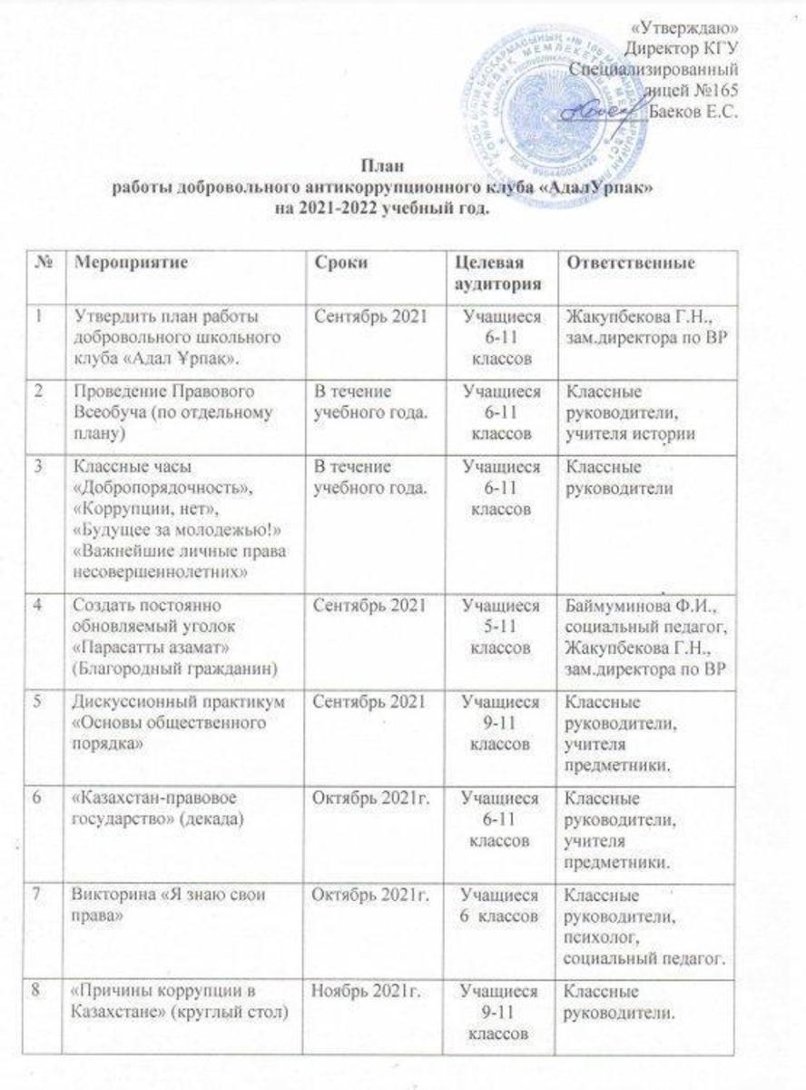 План работы добровольного антикоррупционного клуба "Адал Урпак" на 2021-2022 учебный год