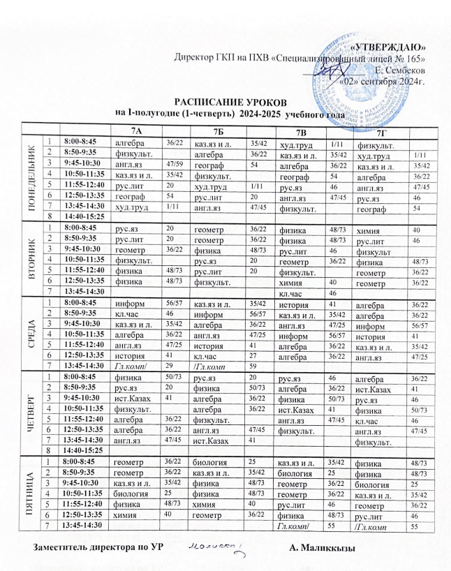 2024-2025 оқу жылының 1 тоқсанына арналған сабақ кестесі / Расписание уроков на 1 четверть 2024-2025 учебного года